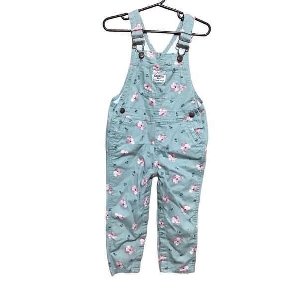 OshKosh B’Gosh Girls Pale Green Floral Overalls 24M - Picture 1 of 7